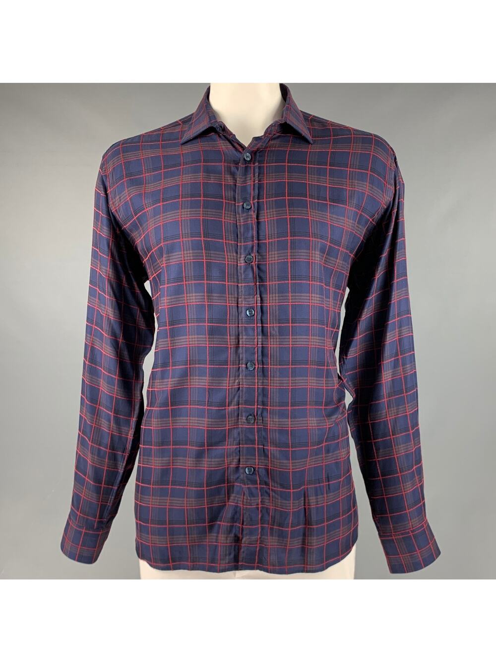ETRO Size XL Navy Red Plaid Lyocel Cotton Button Up Long Sleeve Shirt